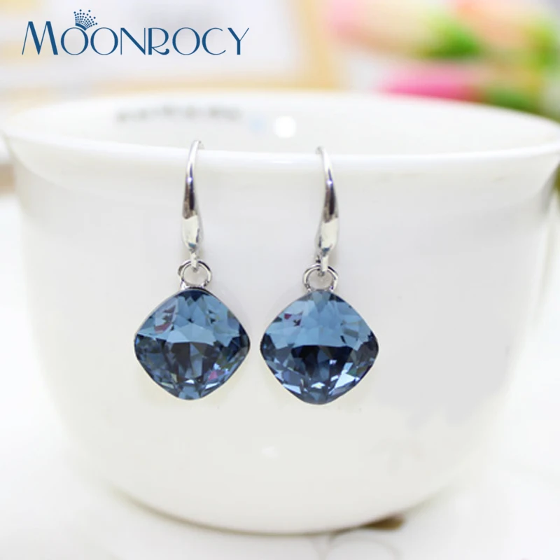 Женские серьги с кристаллами MOONROCY серебристые квадратные синие красные