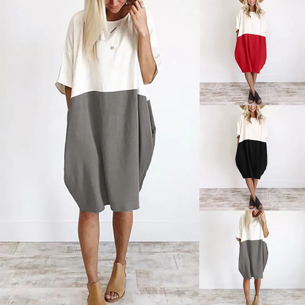 

2019 Women's casual loose linen patchwork half sleeve round neck solid color button stitching pocket dress 3.15