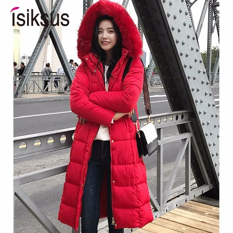 Isiksus Теплая зимняя кофта Для женщин длинный мех с капюшоном плюс Размеры черный парки с хлопковой подкладкой пуховики и пальто парки 4XL для