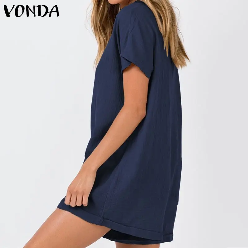 Повседневное Короткие штаны Для женщин комбинезоны VONDA летние пикантные V образным вырезом пляжный костюм с короткими рукавами Комбинезоны большого размера штаны свободного кроя комбинезон