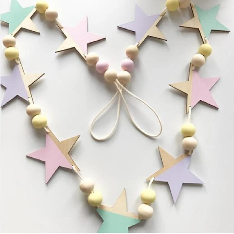 

Wooden Star Beads Garland Nursery Kids Room Wall Hanging Banners Pennant Ornament Nordic Style Girls Birthday Gift Photo Props