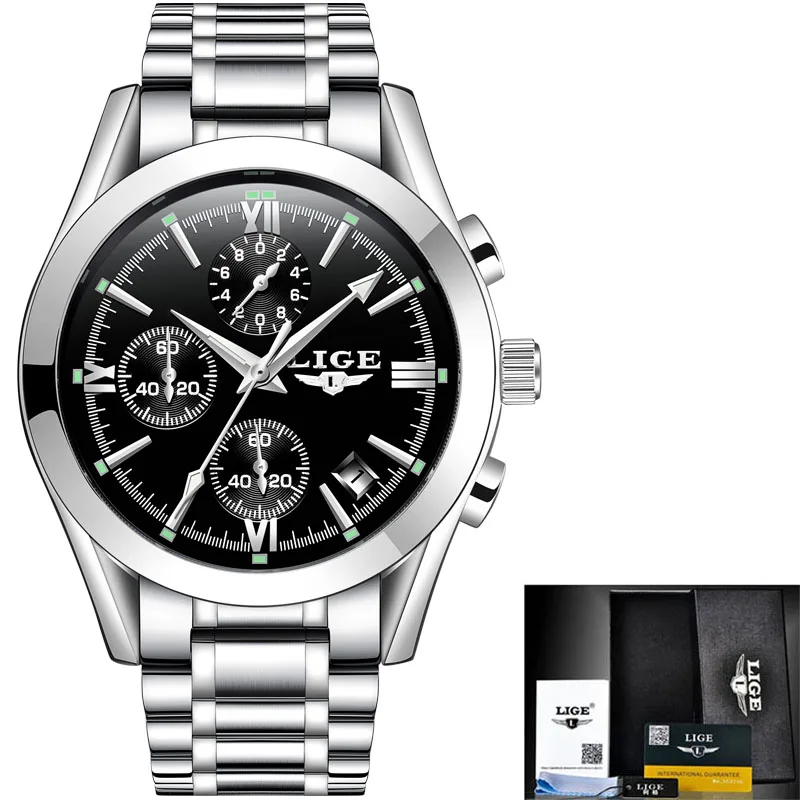 Silver Black Steel LIGE Для мужчин s часы лучший бренд класса люкс кварцевые мужские часы хронограф из нержавеющей стали военные спортивные наручные часы Для мужчин Relogio Masculino - Цвет: Silver Black Steel