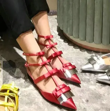 Summer tide shoes hollow silk satin flat with bow flat pointed shoes banquet sandals women Sandals - Цвет: Red