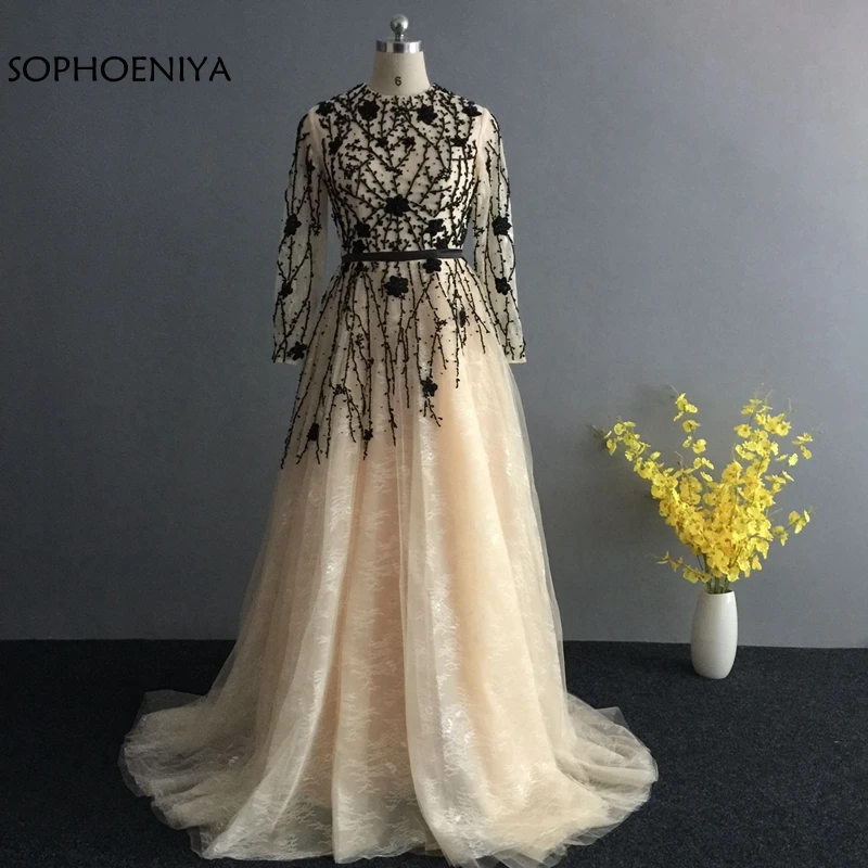 Новое поступление вечерние платья с длинным рукавом 2019 шампанское вечерние кружевные платья черные кристаллы строгое Платье С Бисером