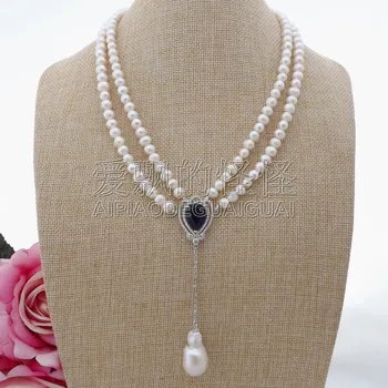 

N091309 20'' 2 Strands White Pearl Necklace CZ Pendant