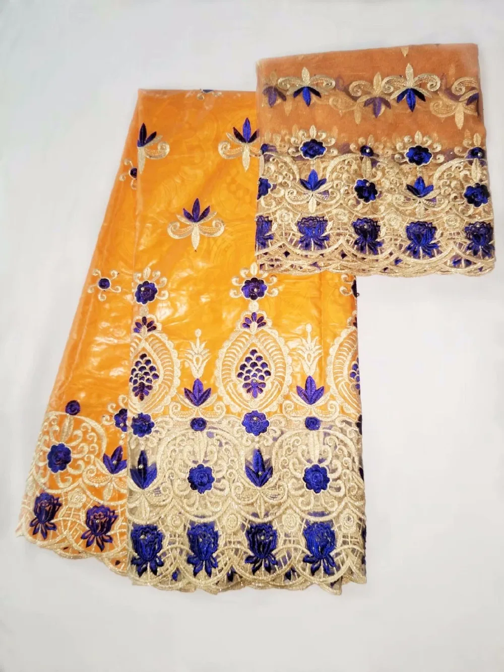 

orange Color African Bazin Riche Fabrics With 2yard Lace 2018 Latest African Bazin Riche Getzner Embroidered Jacquard Fabric 5+2