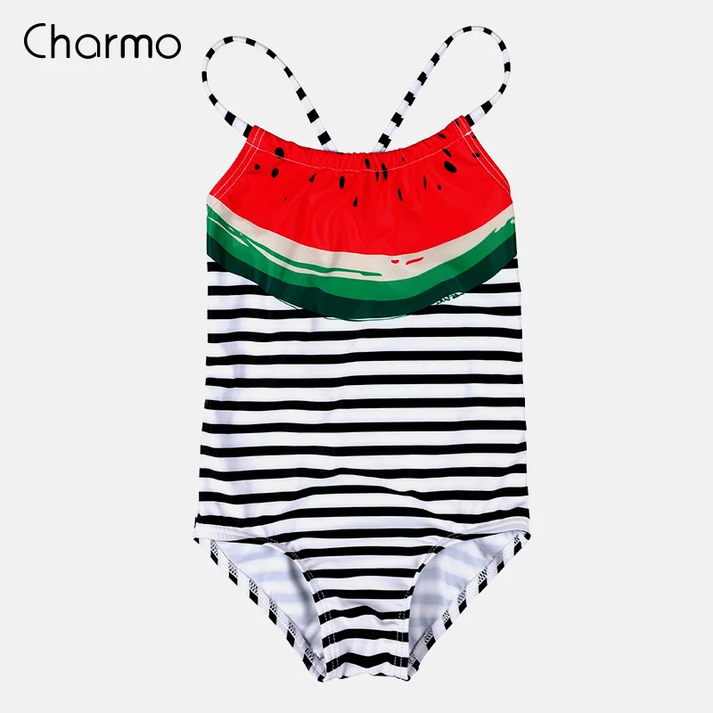 Charmo/цельные купальники для маленьких девочек, полосатые купальники с принтом, милые детские бикини пляжная одежда, цельные купальники для детей