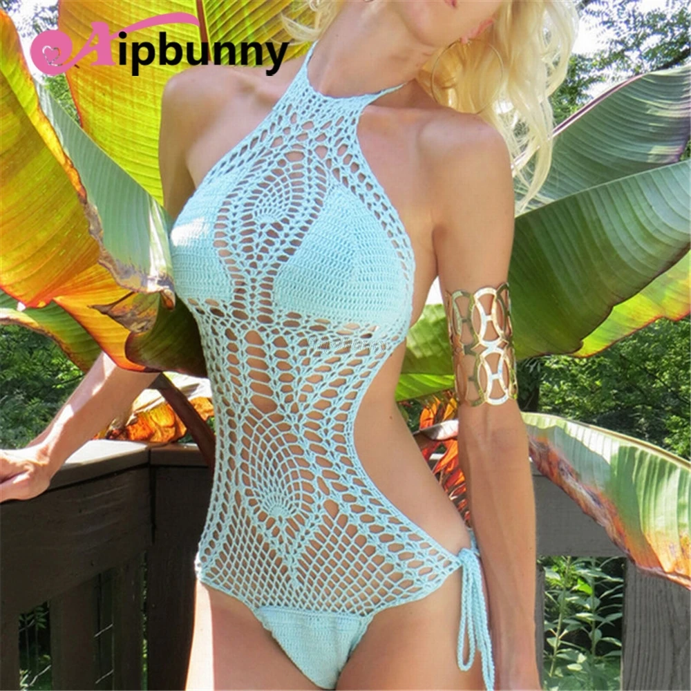 

2018 Sexy Women Knitting Crochet Swimsuit Hollow Out High Neck One Pieces Bikini Female Bathing Suits Swimwear Maillot De Bain