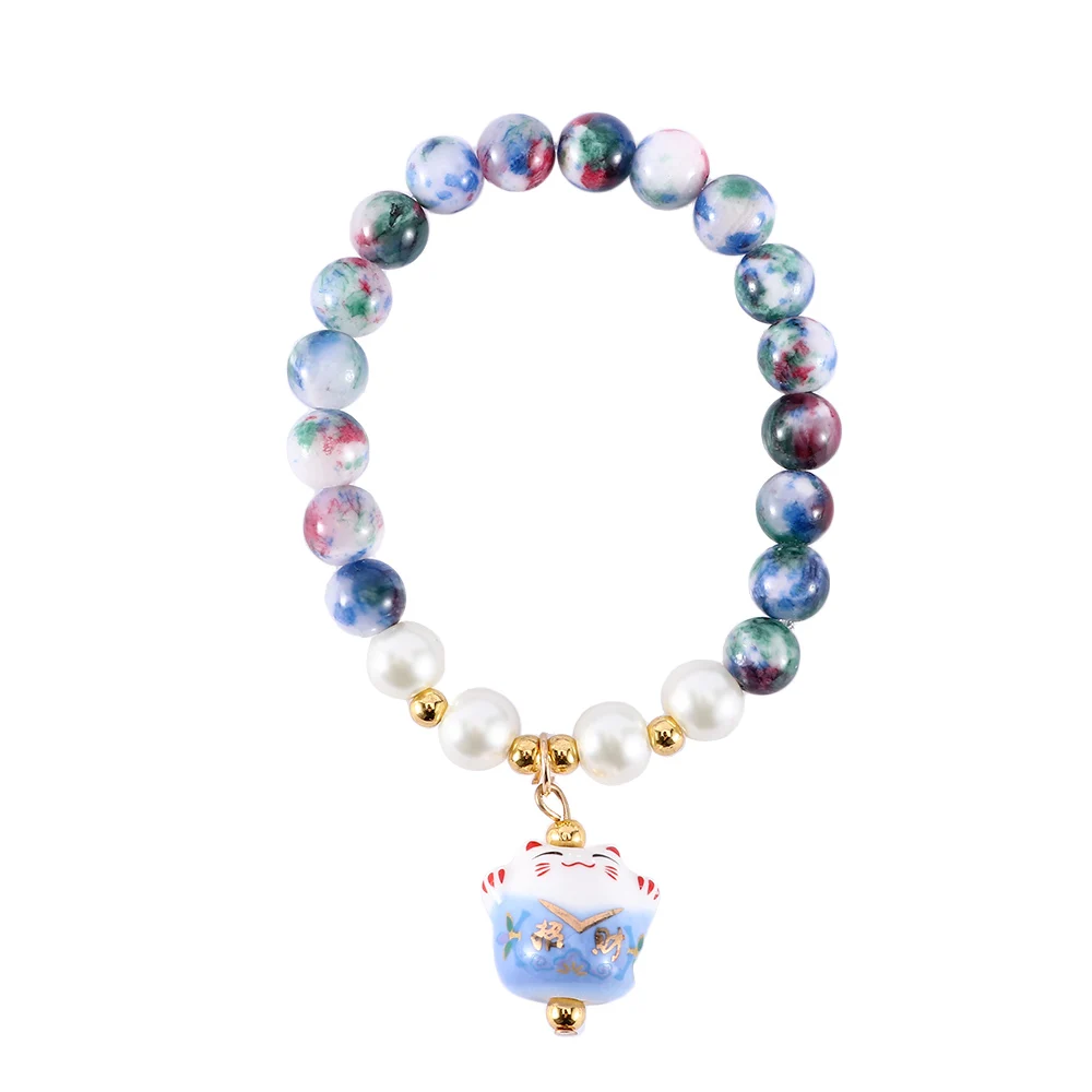 New Gift Obsidian Bracelet Lucky Cat Cute Women Bracelet Natural Beads Bracelet Ceramic Lucky Cat Cute Femela Bracelet