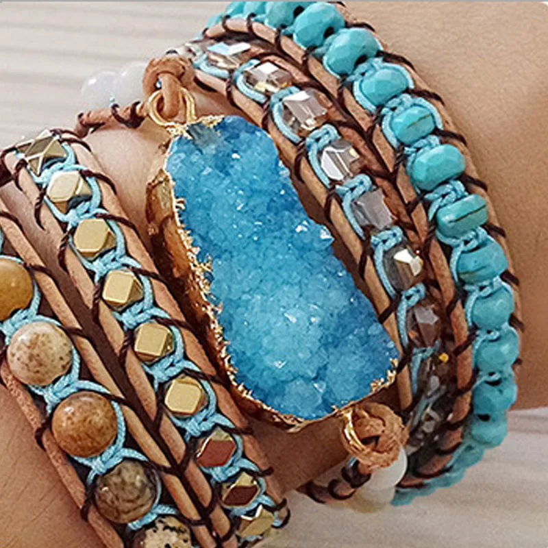 Для женщин Boho с натуральным синим кристаллом камни 5 браслет из переплетенных нитей ручной работы многослойный браслет для женщин кожаный