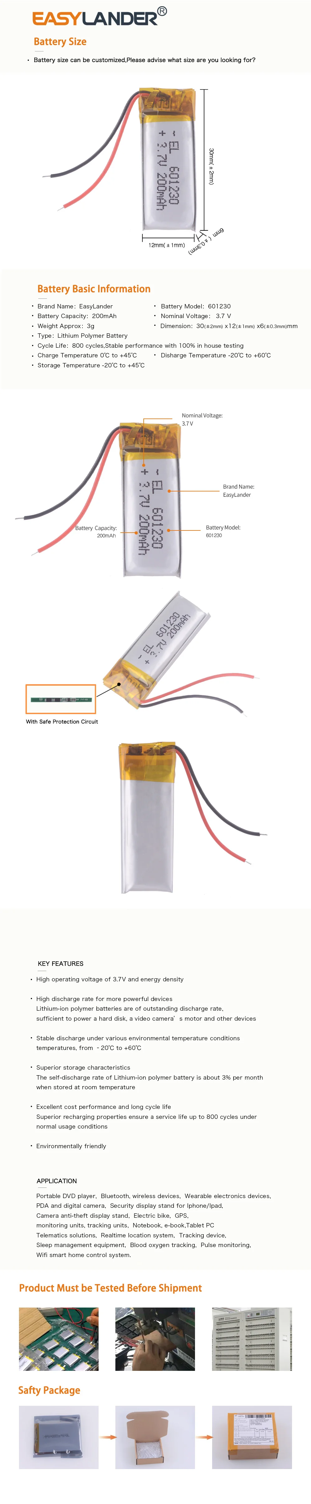 Полимерный аккумулятор 200 mah 3,7 V 601230 умный дом MP3 колонки литий-ионный аккумулятор для dvr gps mp4 bluetooth гарнитура zealot H7