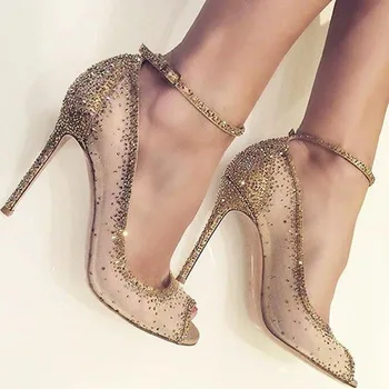 

Crystal Gold Peep Toe Women Sandals Party Wedding Women Shoes Ankle Wrap Pumps High Heels Sexy Ladies Shoes Stiletto