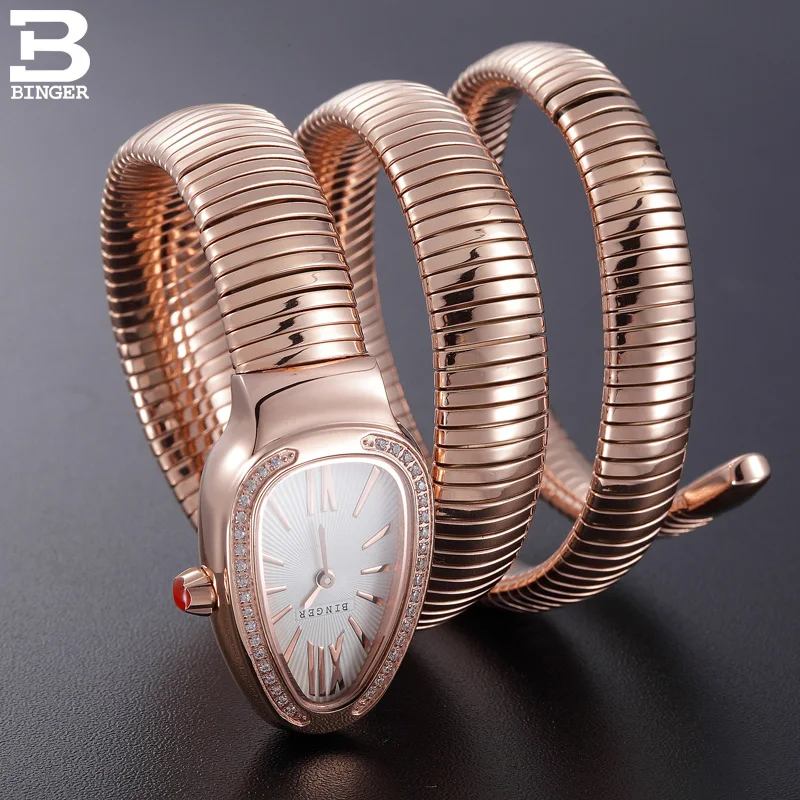 

Switzerland BINGER Women watches Luxury Brand Ladies Quartz Watch Snake Shape Sapphire golden Waterproof Wristwatches B6900-2