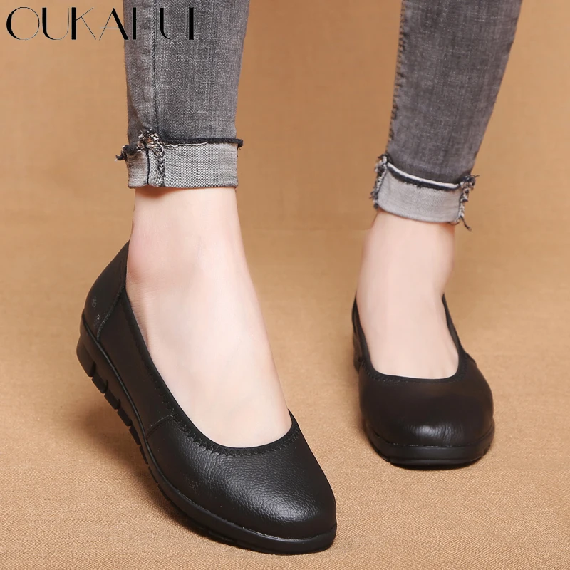 OUKAHUI Classic Black Ballet Flats Shoes Women 2018 Genuine Leather Small Wedges Low Heel Shallow Comfortable Work Shoes Woman