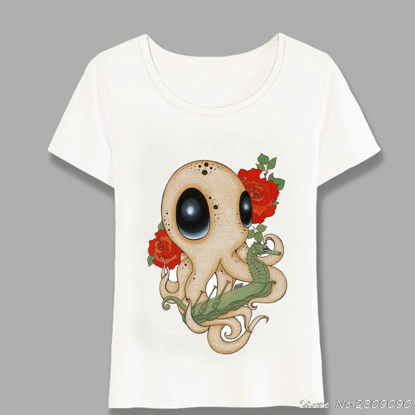 Летние модные женские туфли футболка Веселая Осьминог и Rose Tattoo принт футболка милый мультфильм дизайн Повседневное Top Cool Для женщин