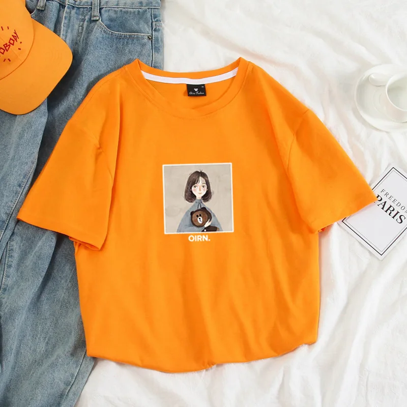 Cotton solid color women t-shirt cec men and women couples round neck small girl brown bear short sleeve shirt t-shirts S-4XL - Цвет: Orange