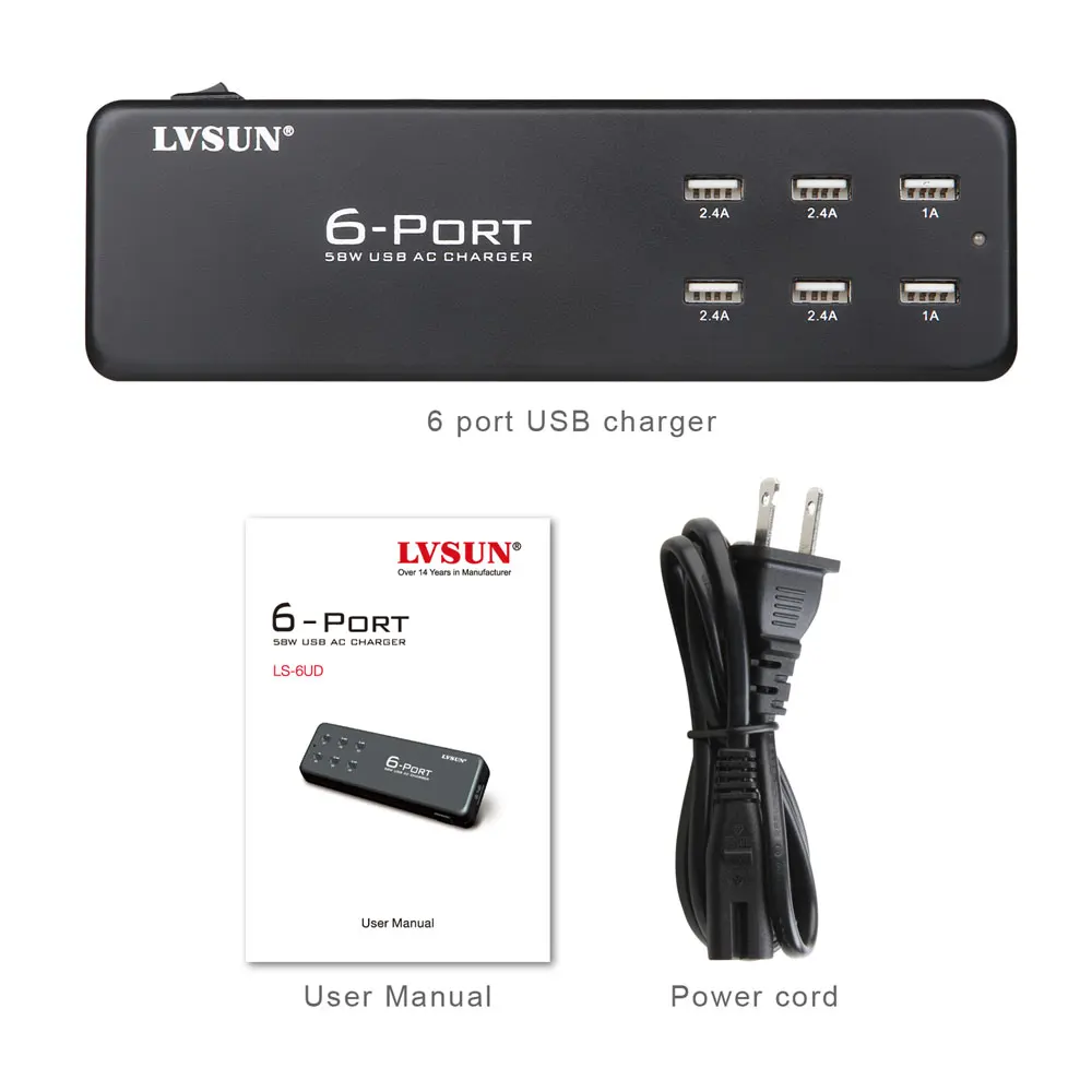 Lvsun 58 Вт 5 В 2.4a 6 Порты и разъёмы настольный USB путешествия/стены Зарядное устройство адаптер переменного тока для Samsung Galaxy S4 S6 Ipod iPad iPhone 6 S 6 5S 5