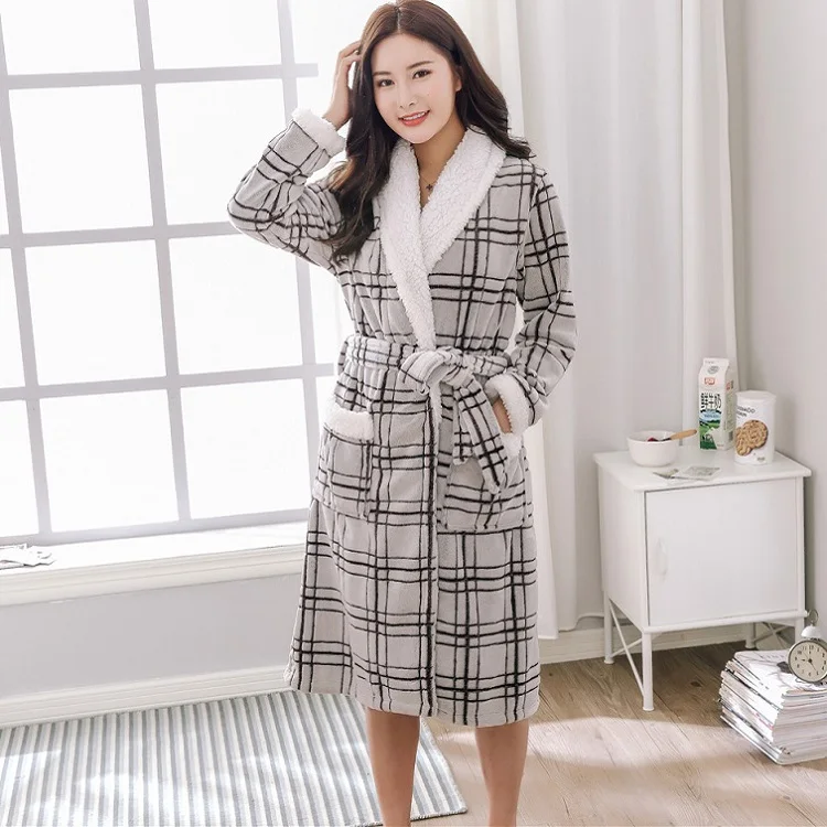 Female Robe Мужской теплый халат, утолщенный коралловый фланелевый банный халат, женский осенне-зимний Повседневный халат, длинные халаты с отложным воротником, ночные халаты в клетку - Color: Female Robe
