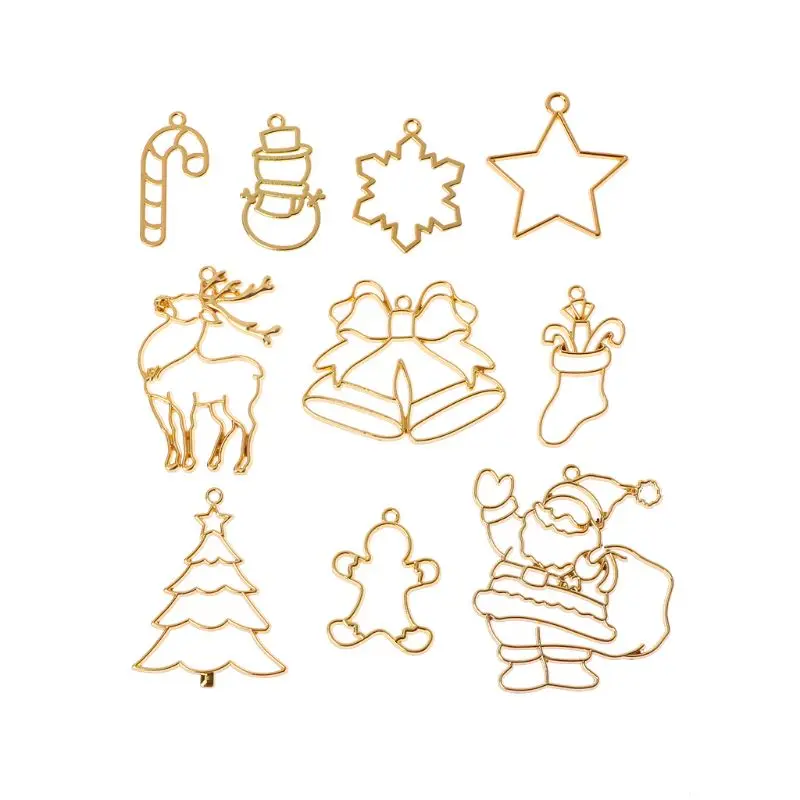 

10Pcs Christmas Tree Santa Claus UV Metal Frame Pendant Open Bezel Resin Jewelry