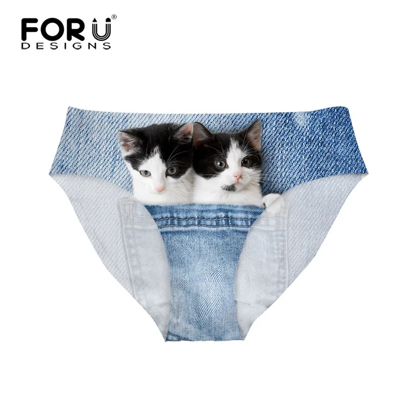 FORUDESIGNS/Kawaii 3D синие джинсовые женские бесшовные трусики с принтом кота, комфортное дышащее нижнее белье для девушек, сексуальное нижнее белье - Цвет: CC2293AM