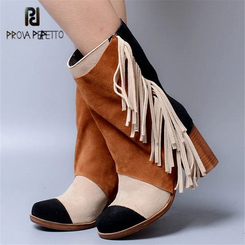 Prova Perfetto Mixed Color Fringed Women High Boots Suede Tassels Chunky High Heel Long Boot Tassels Platform Rubber Botas Mujer Prova Perfetto Mixed Color Fringed Women High Boots Suede Tassels Chunky High Heel Long Boot Tassels Platform Rubber Botas Mujer