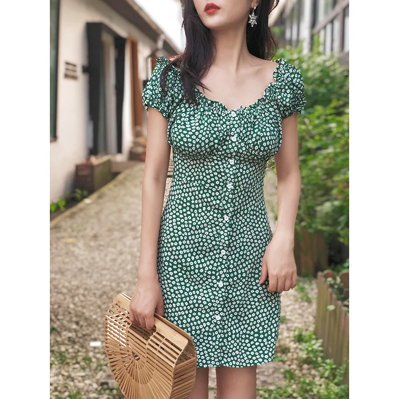 Летняя одежда для женщин, зеленое платье в винтажном стиле, boho, мини пляжные платья, женские вечерние платья, Повседневное платье с открытыми плечами, короткое платье с цветочным рисунком