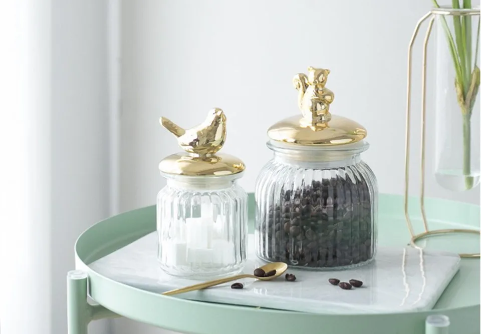 JO LIFE скандинавские Позолоченные стеклянные герметичный резервуар для хранения ватные палочки конфеты, снек банка для хранения кухонное украшение для дома