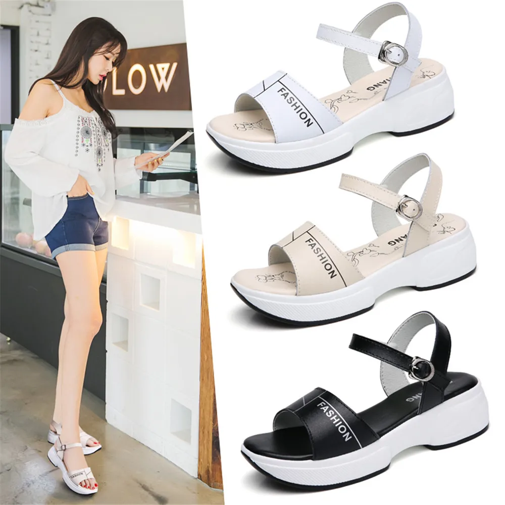 

2019 New Leather Sandals and Thick Wedge Bottom with One Word with Flat Shoes for Woman