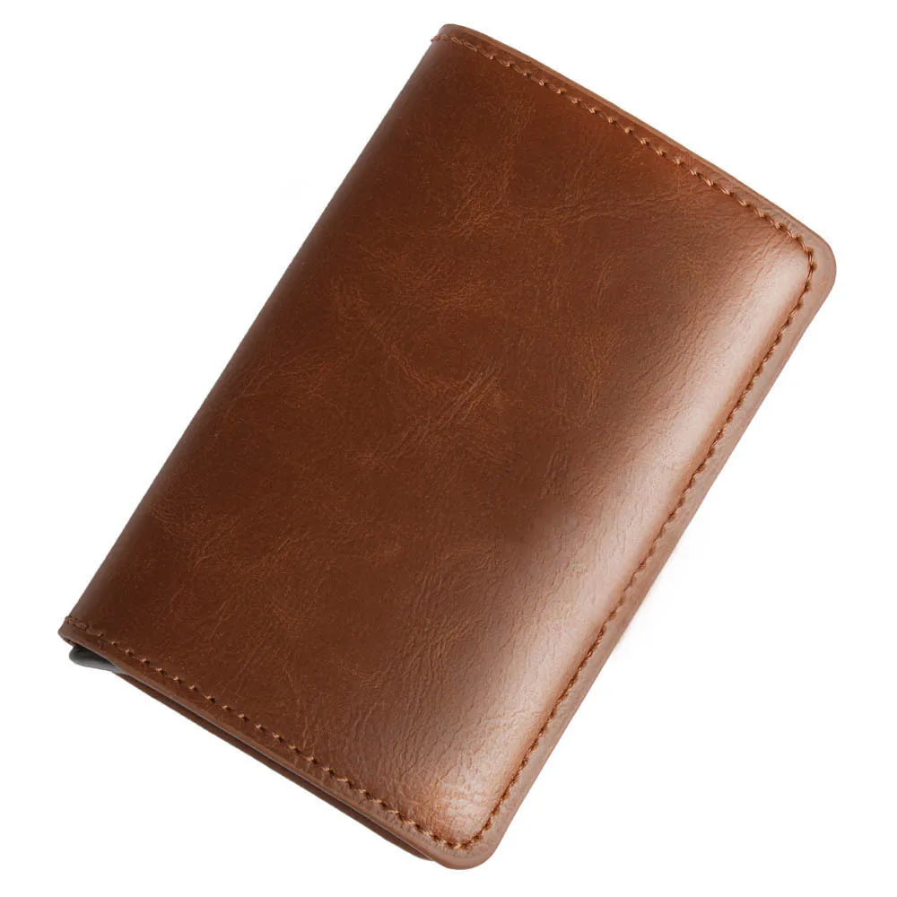 Brown Алюминиевый RFID тонкий кошелек из искусственной кожи для мужчин бизнес кредитный ID маленький держатель для карт мини автоматический всплывающий черный короткий кошелек - Цвет: Brown