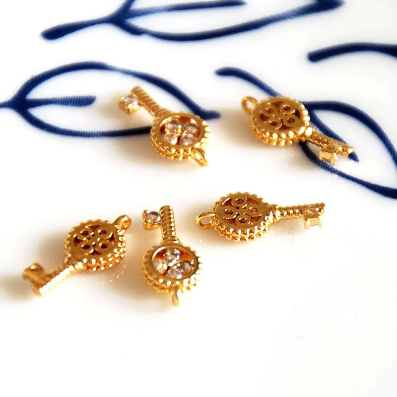 

wholesale 5 pcs/lot gold color charms golden keys cz stone embedded jewelry making craft findings DIY for women