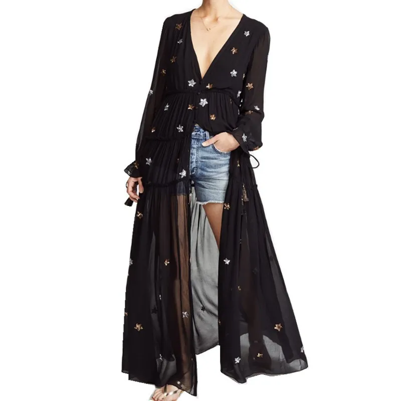 Женское платье до щиколотки длинное с треугольным вырезом вышивкой и длинным