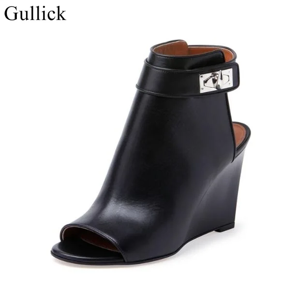 

Women Shark Lock Cutout Ankle Boots Black Leather Peep Toe Cutout Heel Ankle Strap Wedge Boot High Heel Shoes Size 34-42