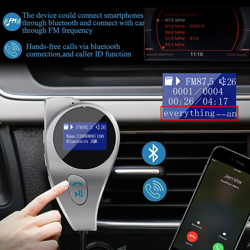 JaJaBor Беспроводной fm-передатчик Bluetooth автомобильный набор, Handsfree для звонков с разъемом подачи внешнего сигнала AUX Выход MP3 работы в режиме воспроизведения музыки 1,4 дюймов Большой Экран