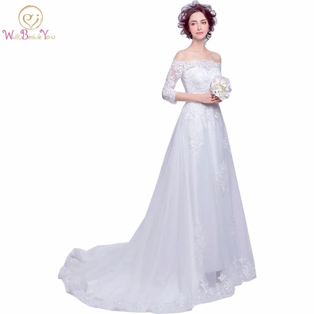 Ходить рядом с вами реальное изображение Vestido De Noiva простейших эксклюзивная свадебное платье богемный Кружево аппликация лодка Средства