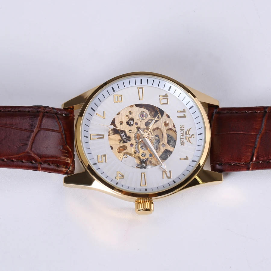 Brand SEWOR Class Business Mechanical Wrist Watch Luxury Golden Skeleton Automatic Watches Men Vintage Dress Reloj Male Gift