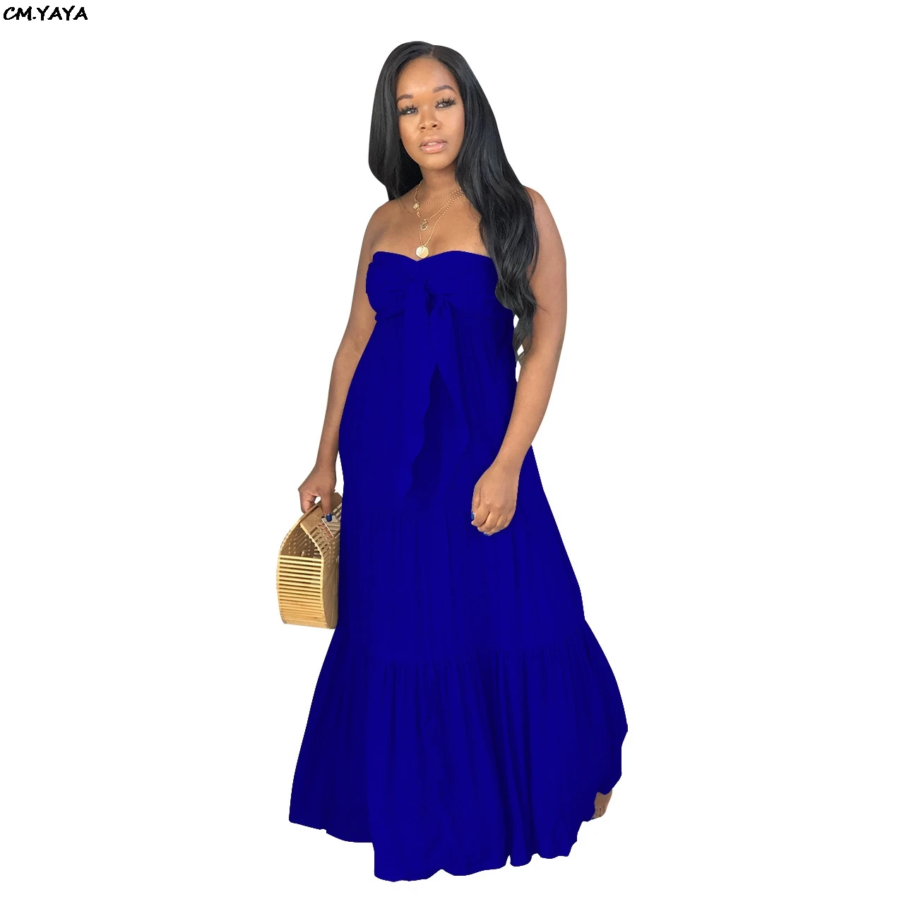 Женское летнее пляжное платье-спагетти на бретельках с завязками, бюстгальтер с каскадными оборками, комбинированное Макси платье богемные Длинные платья vestido GLME283 - Цвет: Синий