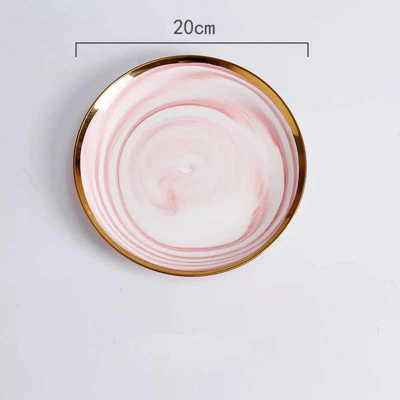 1PCS 2 шт 8 inch Европейский настоящее золото полоса место керамическое блюдо риса рыбы блюда для бифштекса Западный ужин плиты мраморная керамика тарелку - Цвет: 1PCS