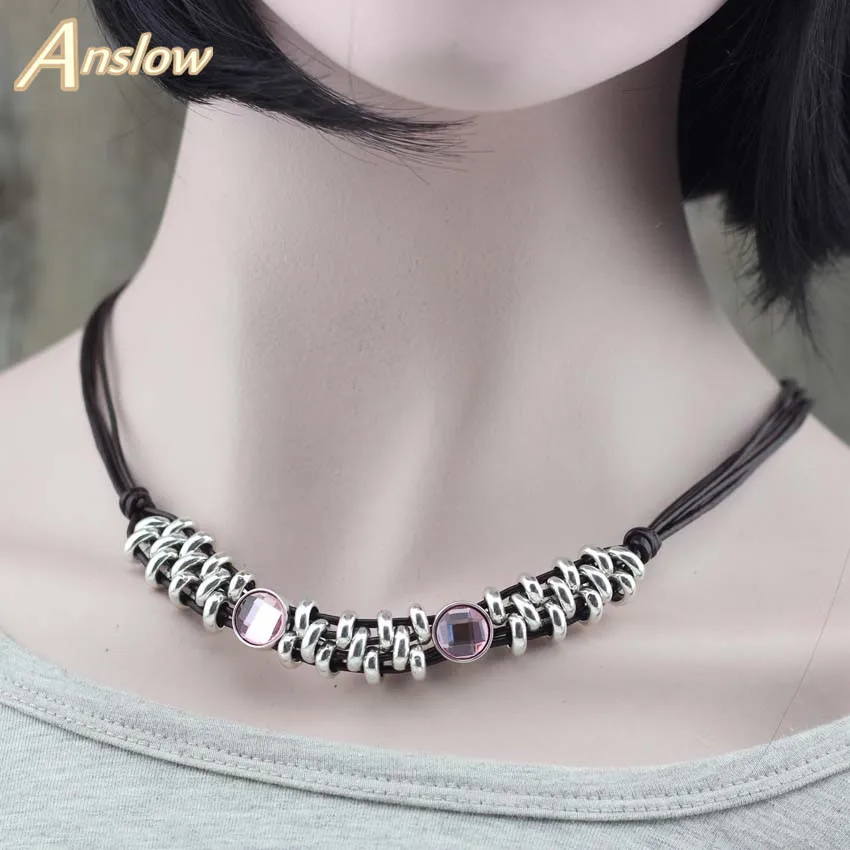 Anslow, бренд, высокое качество, дизайн, перо, кожаный воротник, колье, массивное, Neacklace, для женщин, вечерние, модное ювелирное изделие, LOW0005AN - Окраска металла: pink 42cm