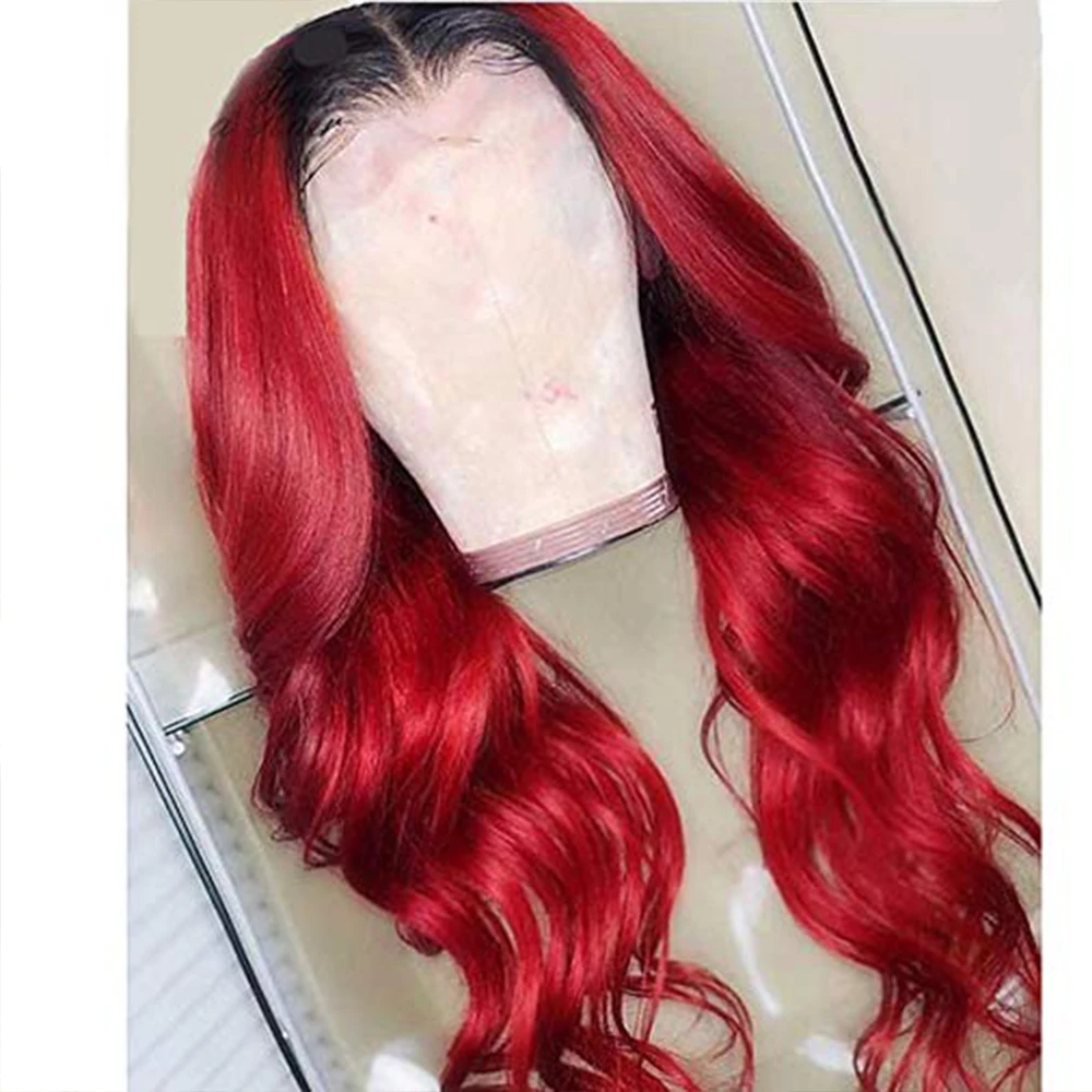 SimBeauty Ombre Цвет 1B/красный синтетические волосы на кружеве Искусственные парики человеческие волосы средства ухода за кожей волна бразильский