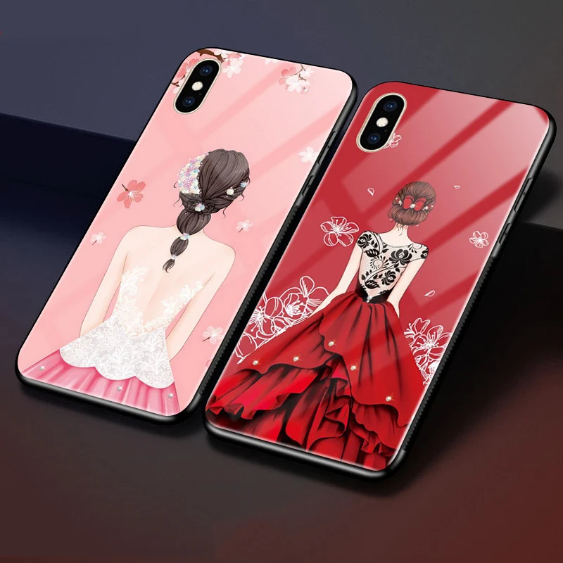 Для iphone X случае роскоши милые девушки закаленное Стекло задняя крышка iphone X защитную крышку shell для iphone 10 Стекло случае чехлы