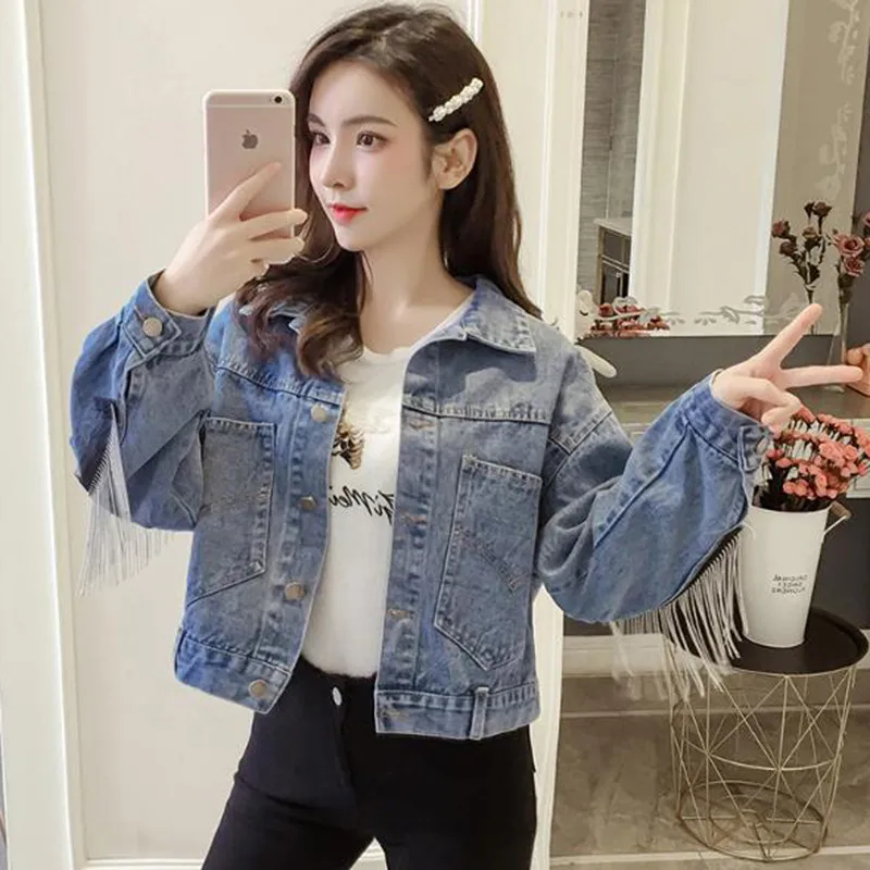 2019 ربيع الخريف الكورية شرابة قصيرة الدنيم سترة المرأة عارضة فضفاض الخفافيش كم الجينز جاكيتات خمر الأزياء Chaqueta موهير 2019 ربيع الخريف الكورية شرابة قصيرة الدنيم سترة المرأة عارضة فضفاض الخفافيش كم الجينز جاكيتات خمر الأزياء Chaqueta موهير