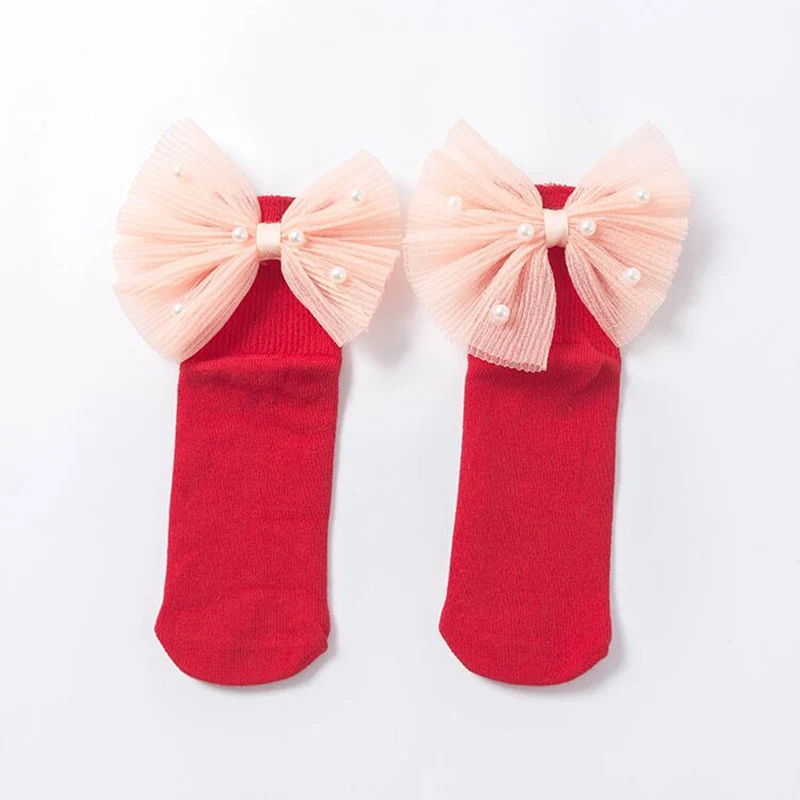 Red Beads Bow Новые носки для маленьких девочек с бантиками; хлопковые носки до щиколотки для малышей; носки принцессы с бисером для маленьких девочек; милые детские носки для младенцев - Цвет: Red Beads Bow