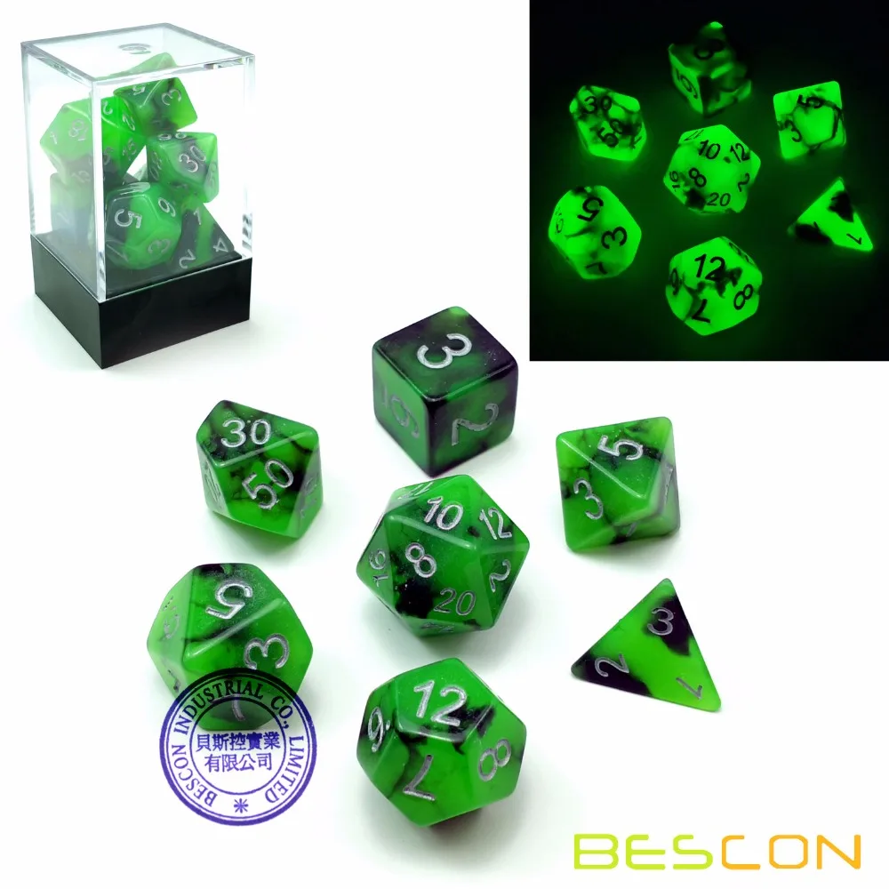 Bescon двухцветные Светящиеся в темноте полигедрические игральные кости набор