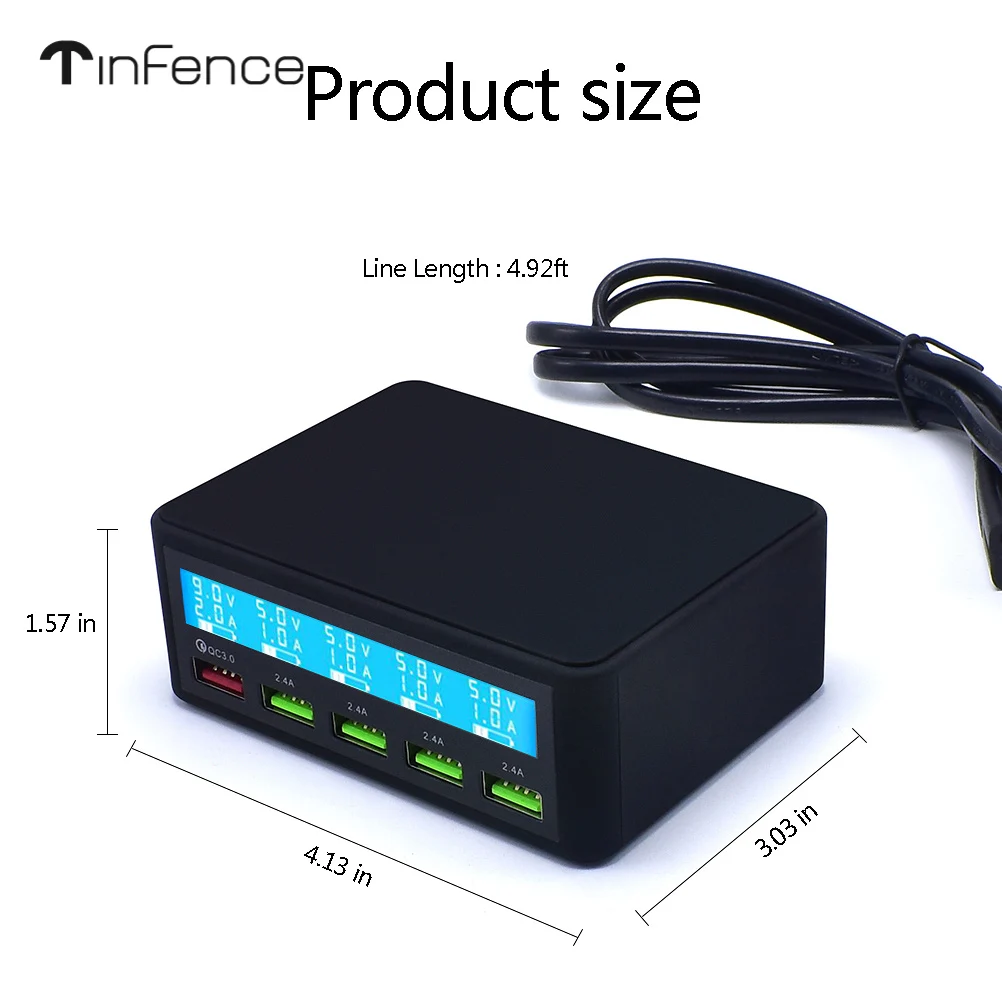 

Tinfence QC 3.0 Quick Charge 5 Port Usb LCD Display Carregador Multi Mobile Phone Fast Wall Chargeur Portatil Cargador