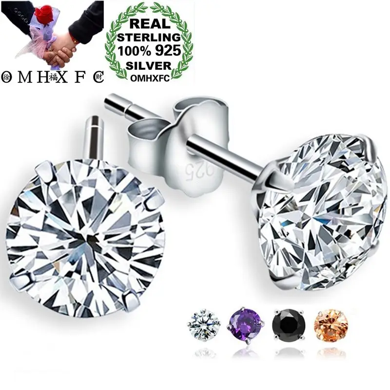 

OMHXFC Wholesale European Fashion Woman Girl Party Wedding Gift Black Round Zircon 100% S925 Sterling Silver Stud Earrings EN02