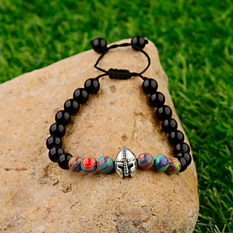OIQUEI Pulseira Masculina 8 мм Оникс Камень Спартанский бусина шлем тканые плетеные браслеты мода энергетическая Йога браслеты для мужчин