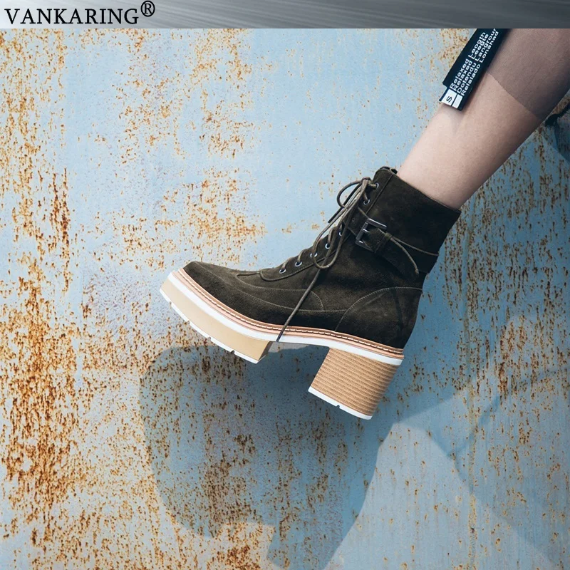 Vankering/Модные осенние ботильоны из натуральной кожи; Новинка года; Брендовая обувь на высоком толстом каблуке; женские зимние ботинки; обувь на платформе