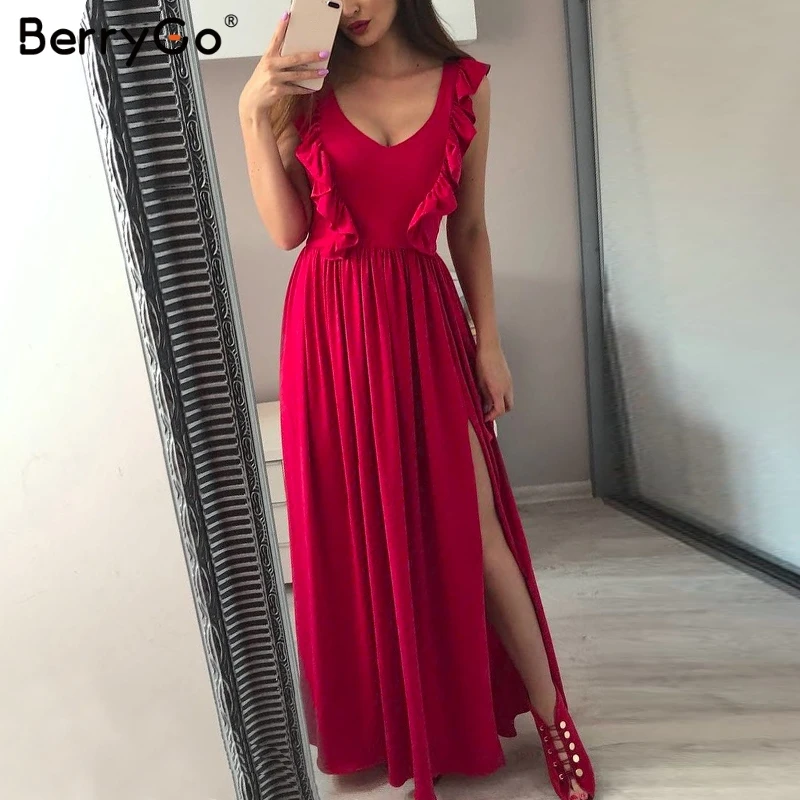 

BerryGo Sexy christmas red long women dress Ruffles O neck split maxi summer dress 2018 Elegant female club vestidos de fiesta