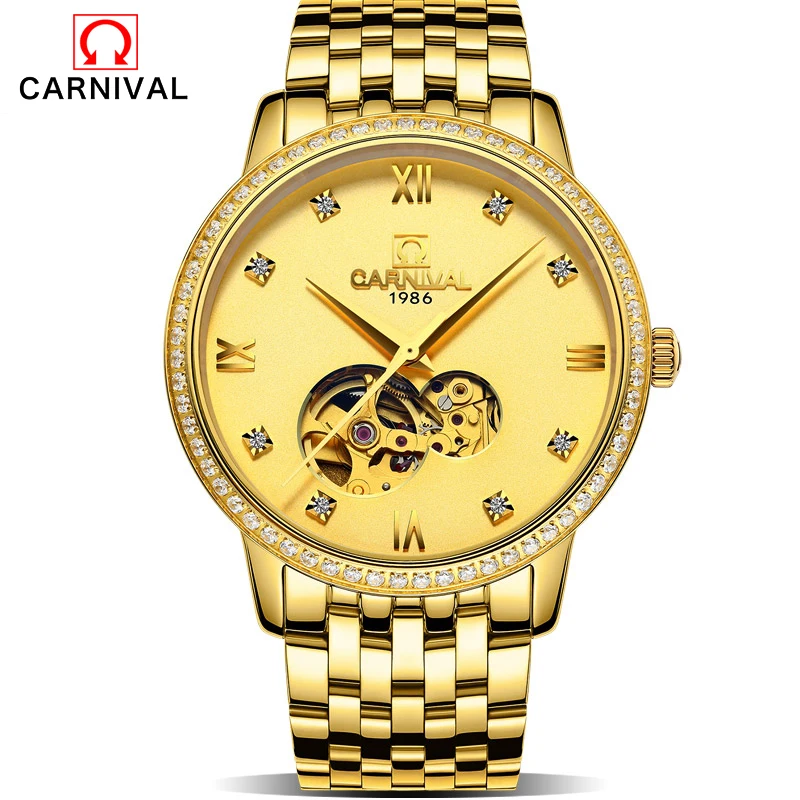

Carnival Mens Watches Top Brand Luxury Full Golden Men Automatic Skeleton Watch Mens Sport Watch Designer Fashion Casual Clock M