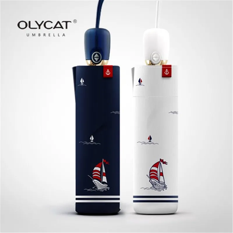 

OLYCAT Brand Folding Women Umbrella Sailboat Style Fully Automatic Genuine Brand Rain Umbrellas Aluminum Windproof Navy Parasol